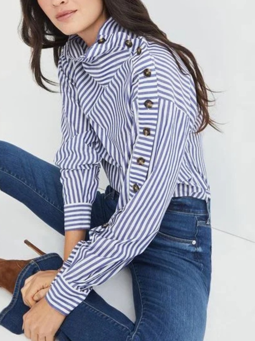 LOFT Blue and White Striped Button-Detail Mock Neck Blouse - Picture 3 of 7